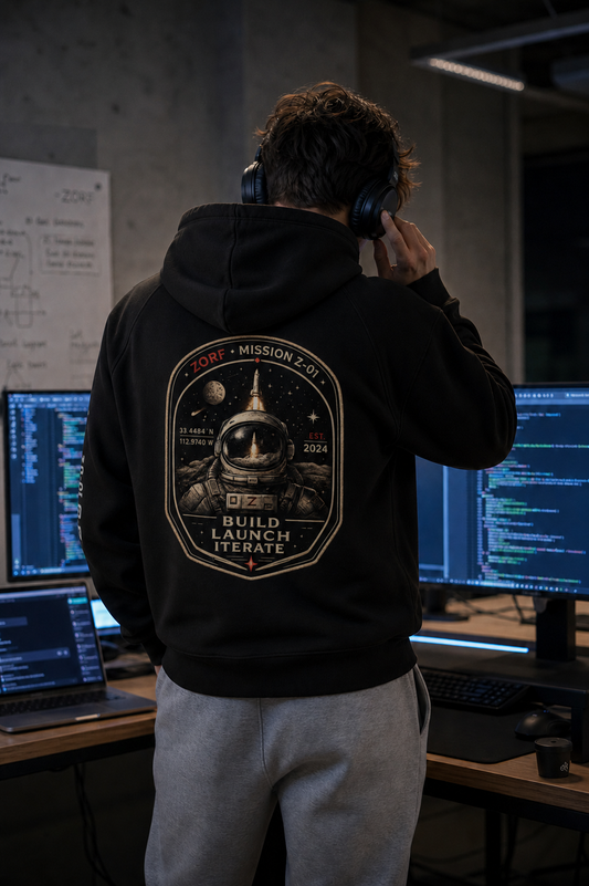 Launch fast or die last. Zorf - Builder's collection hoodie