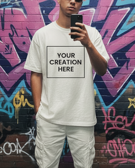 Person wearing a white t-shirt with 'Your Creation Here' text in a graffiti-covered room.
