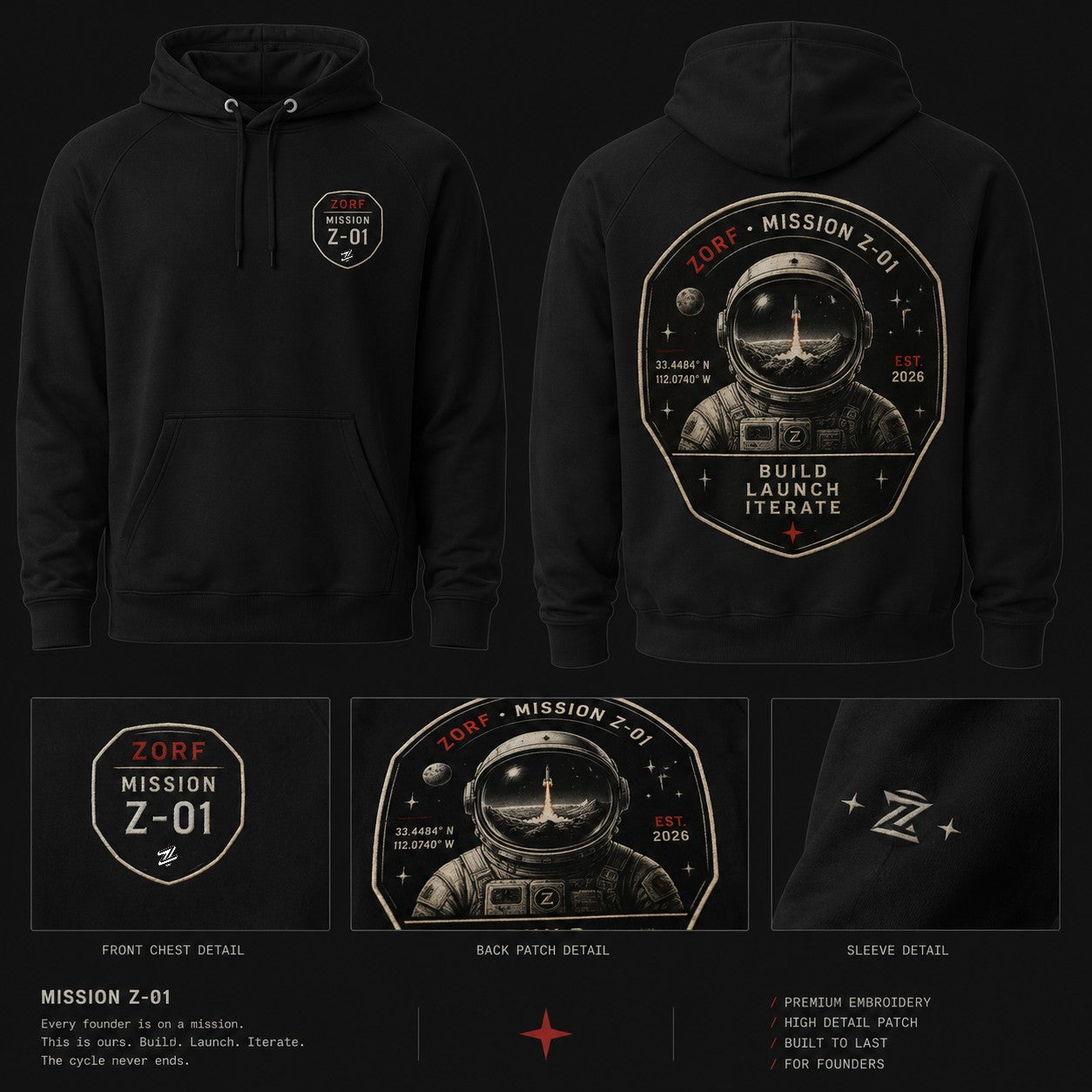 Launch fast or die last. Zorf - Builder's collection hoodie